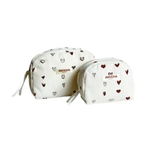 Heart Print Cosmetic Pouch Set (Big & Small) – White